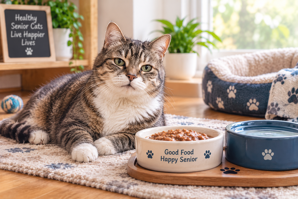 healthy aging senior cat with food and water